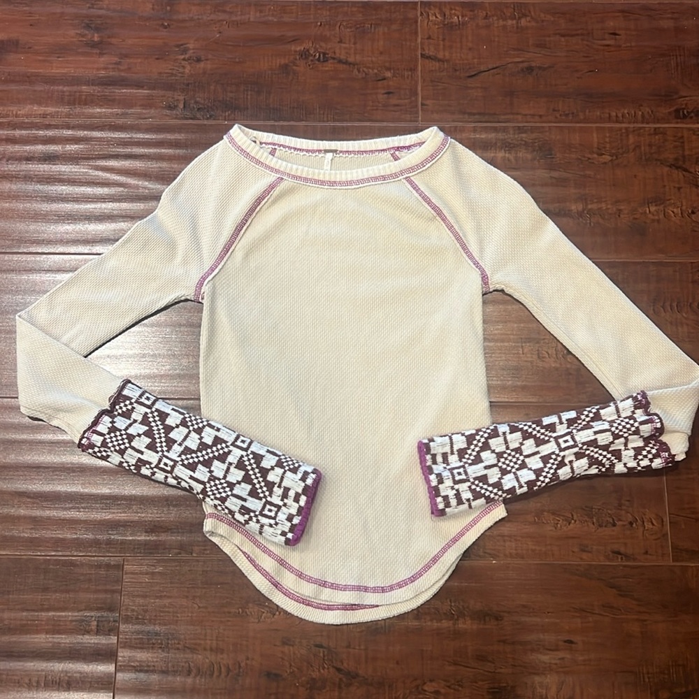 Free People Thermal She’s Reversible Cream Brown Print Knit Cuff SzXS Like New!